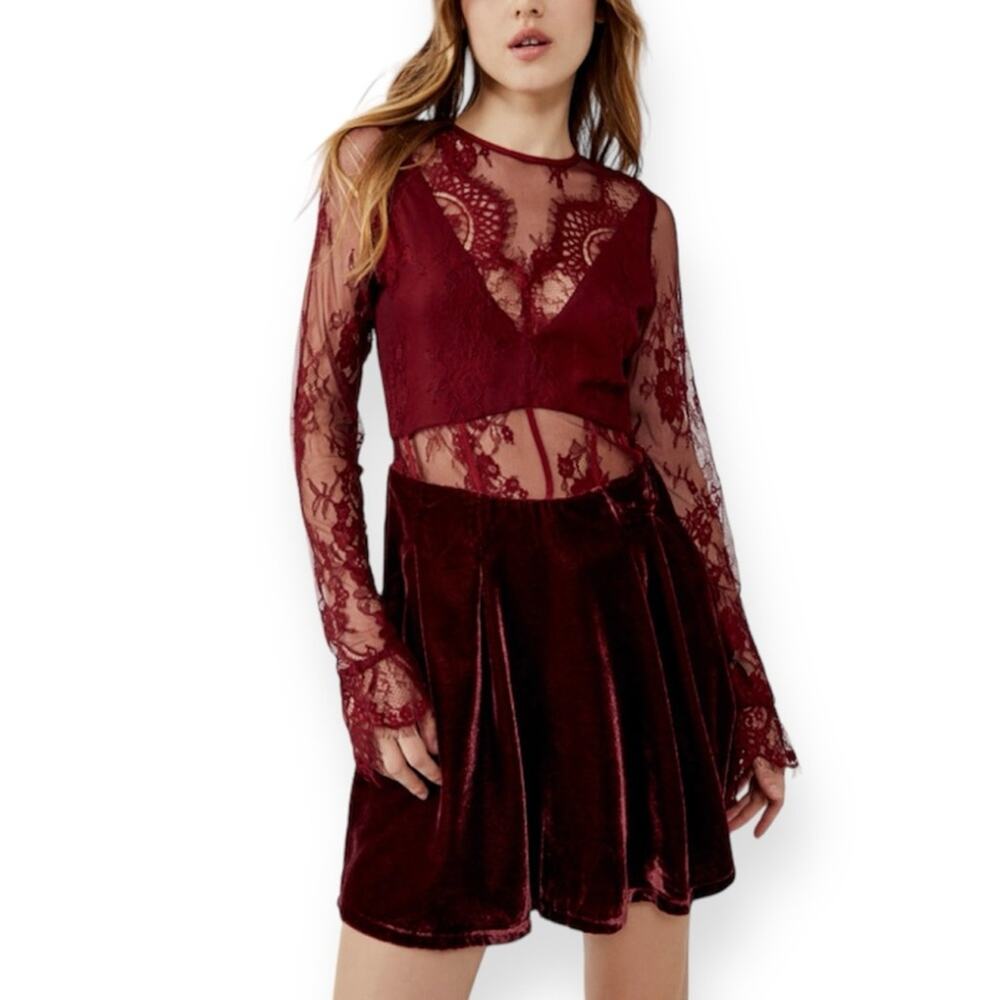 Free People Marlie Garnet Red Lace Long Sleeve Velvet Mini Dress Size Small